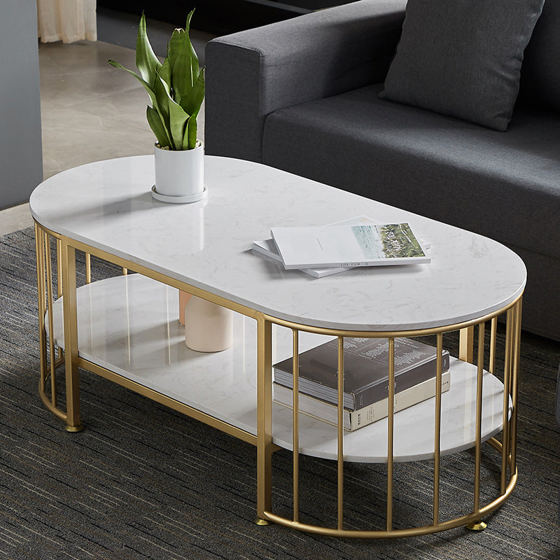 Glam Style Oval Coffee Table with Marble Top and 1 Shelf in White Clearhalo 'Coffee & Accent Tables' 'Coffee Tables' 'coffee_tables' 'furn' 'furn_coffee_tables' 'Furniture' 'Living Room Furniture' 6376260