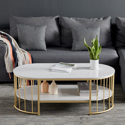 Glam Style Oval Coffee Table with Marble Top and 1 Shelf in White 55.1"L x 27.6"W x 17.7"H Clearhalo 'Coffee & Accent Tables' 'Coffee Tables' 'coffee_tables' 'furn' 'furn_coffee_tables' 'Furniture' 'Living Room Furniture' 6376261