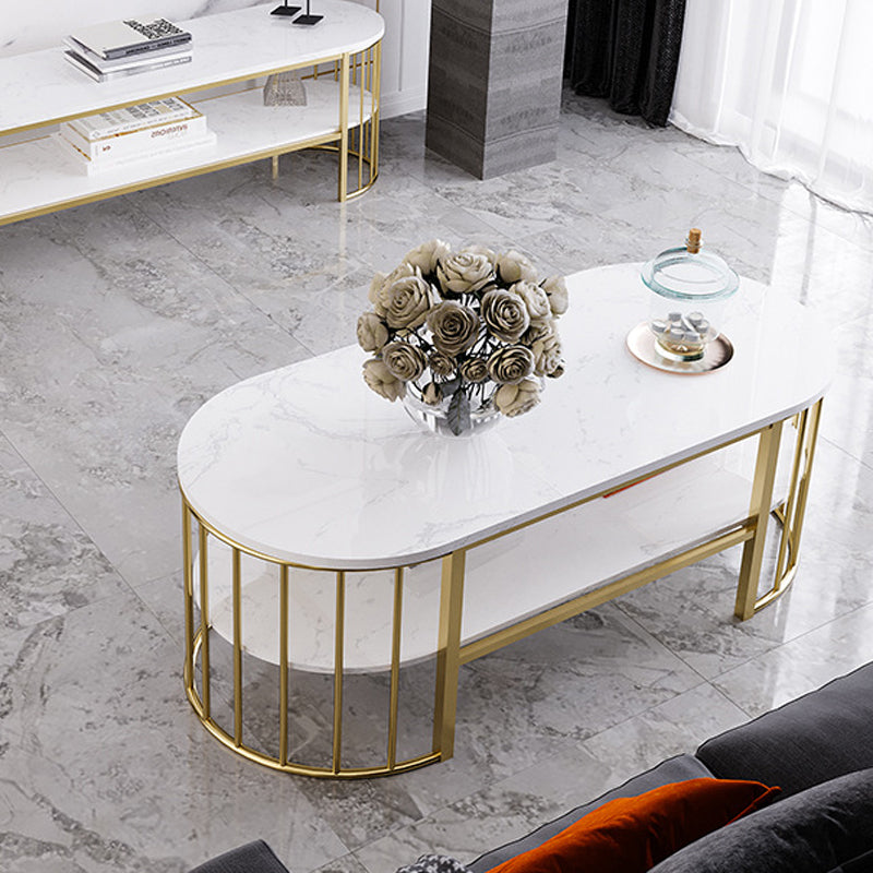 Glam Style Oval Coffee Table with Marble Top and 1 Shelf in White Clearhalo 'Coffee & Accent Tables' 'Coffee Tables' 'coffee_tables' 'furn' 'furn_coffee_tables' 'Furniture' 'Living Room Furniture' 6376262