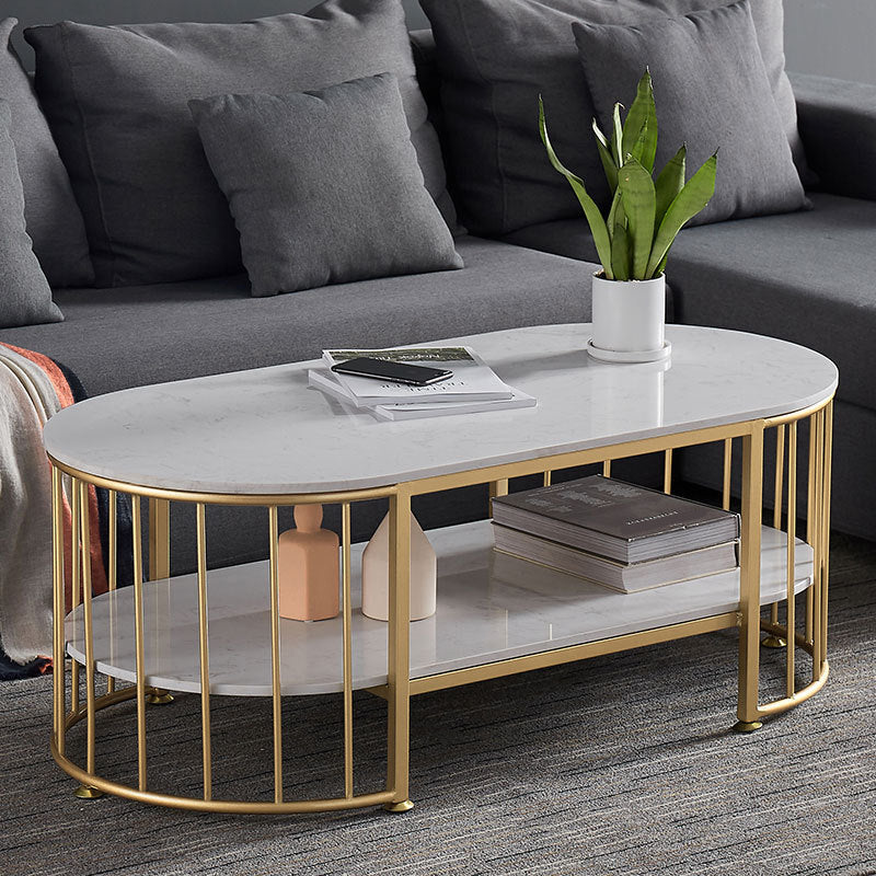 Glam Style Oval Coffee Table with Marble Top and 1 Shelf in White Clearhalo 'Coffee & Accent Tables' 'Coffee Tables' 'coffee_tables' 'furn' 'furn_coffee_tables' 'Furniture' 'Living Room Furniture' 6376263