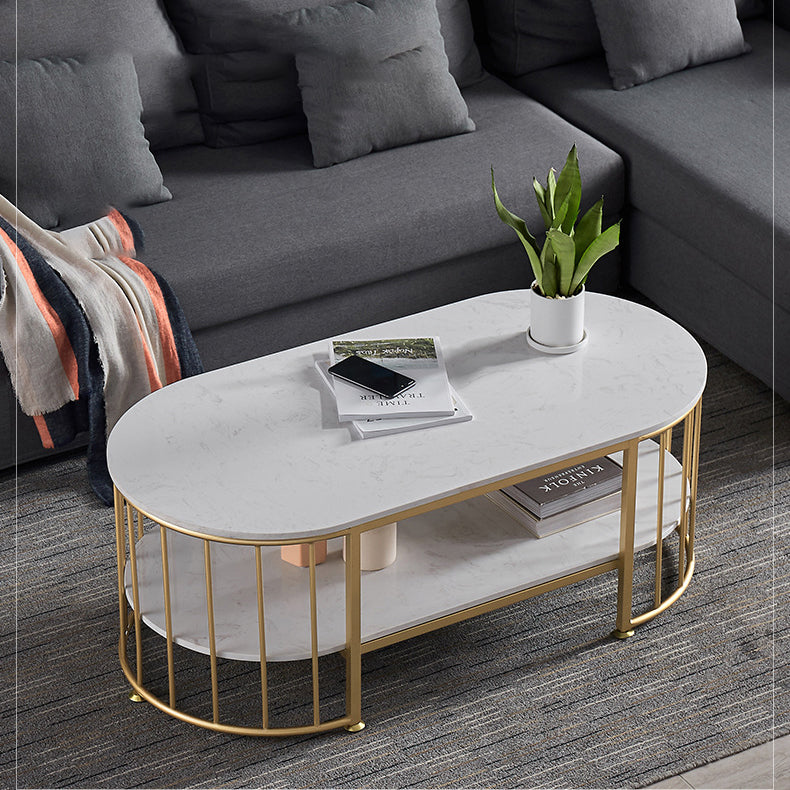 Glam Style Oval Coffee Table with Marble Top and 1 Shelf in White Clearhalo 'Coffee & Accent Tables' 'Coffee Tables' 'coffee_tables' 'furn' 'furn_coffee_tables' 'Furniture' 'Living Room Furniture' 6376269