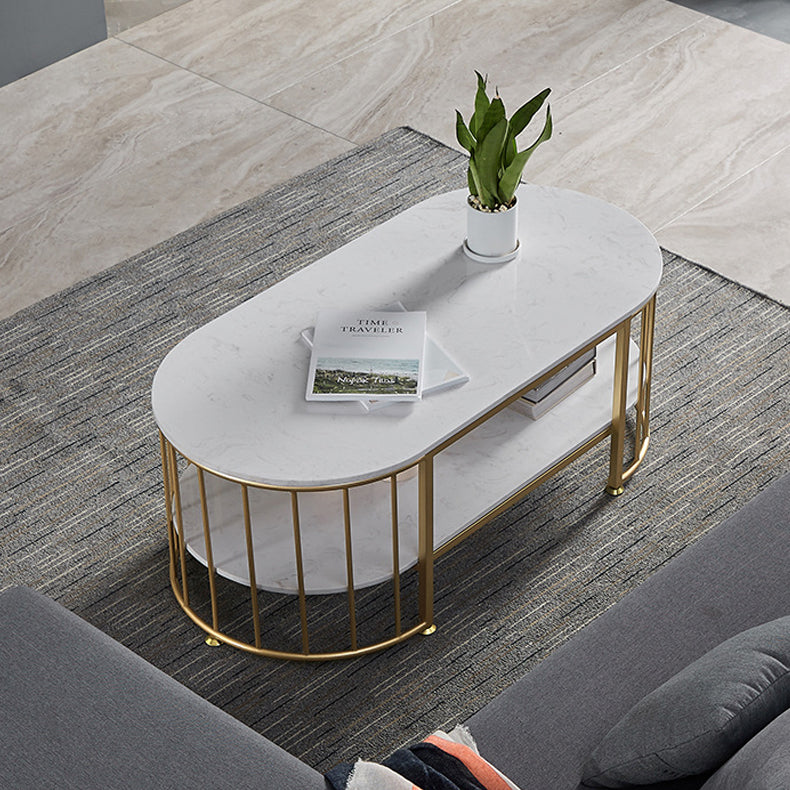 Glam Style Oval Coffee Table with Marble Top and 1 Shelf in White Clearhalo 'Coffee & Accent Tables' 'Coffee Tables' 'coffee_tables' 'furn' 'furn_coffee_tables' 'Furniture' 'Living Room Furniture' 6376272