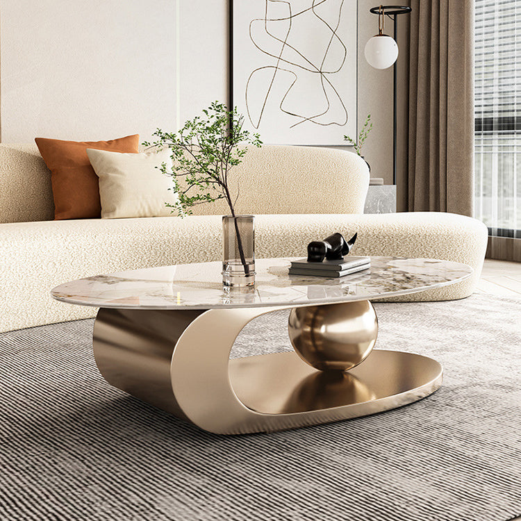 Mesa de centro elíptica de pizarra Glam de 27,6" D Mesa de cóctel abstracta con estante de piso