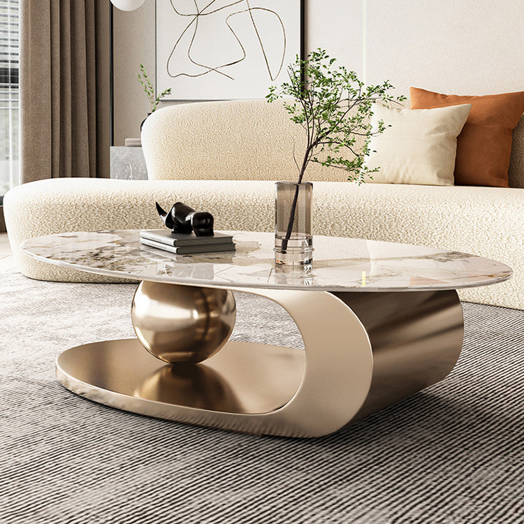 Mesa de centro elíptica de pizarra Glam de 27,6" D Mesa de cóctel abstracta con estante de piso