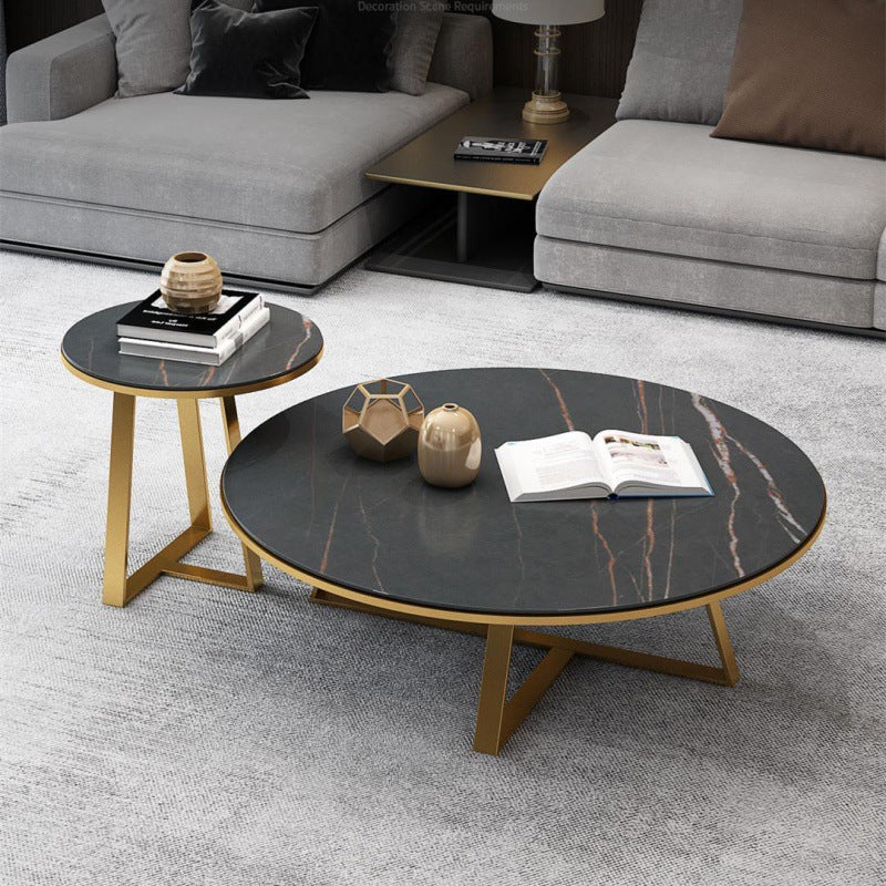 Black Round Slate Coffee Table Luxurious Steel Frame Cocktail Table