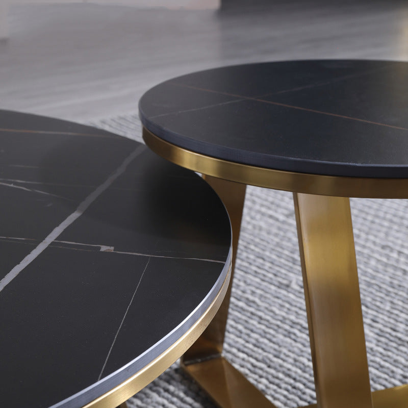 Black Round Slate Coffee Table Luxurious Steel Frame Cocktail Table