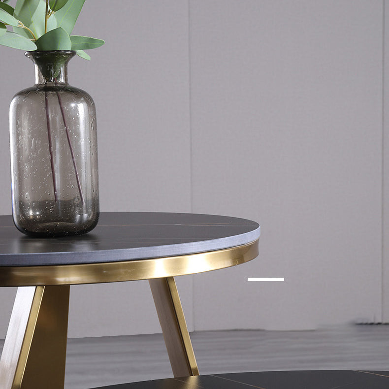 Black Round Slate Coffee Table Luxurious Steel Frame Cocktail Table