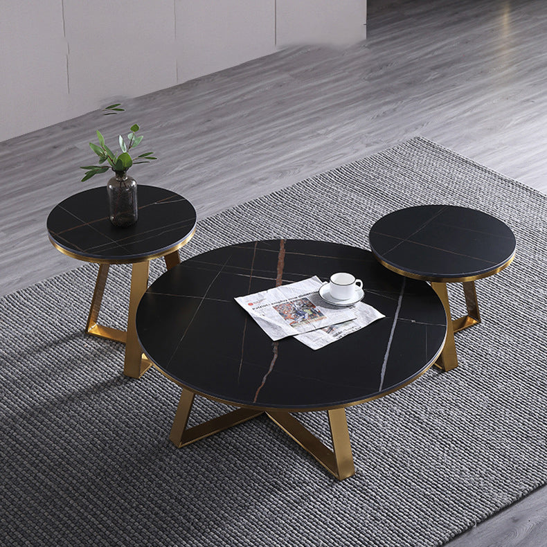 Black Round Slate Coffee Table Luxurious Steel Frame Cocktail Table