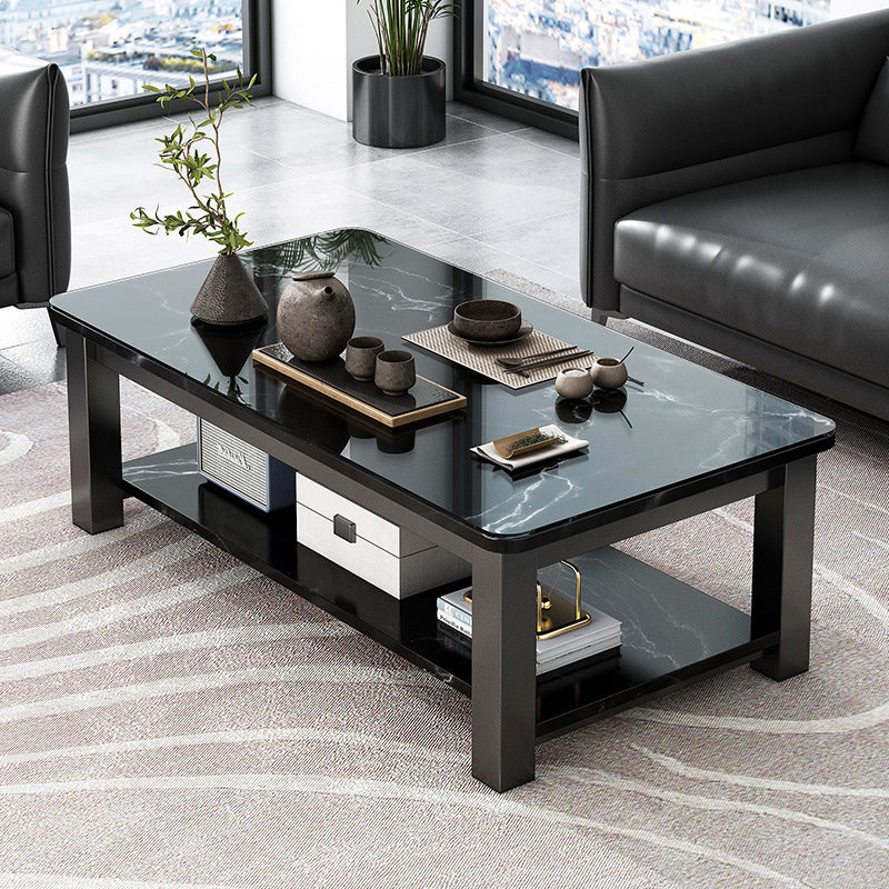 Rectangular Glass 4 Legs Coffee Cocktail Table with Storage Shelf Glass Black Clearhalo 'Coffee & Accent Tables' 'Coffee Tables' 'coffee_tables' 'furn' 'furn_coffee_tables' 'Furniture' 'Living Room Furniture' 6376542