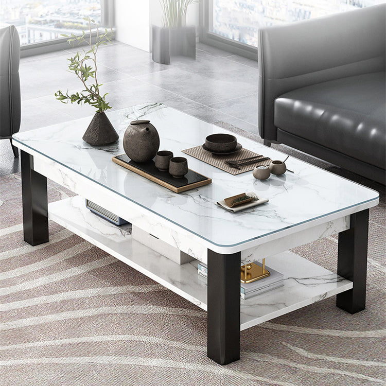 Rectangular Glass 4 Legs Coffee Cocktail Table with Storage Shelf Glass White Clearhalo 'Coffee & Accent Tables' 'Coffee Tables' 'coffee_tables' 'furn' 'furn_coffee_tables' 'Furniture' 'Living Room Furniture' 6376543