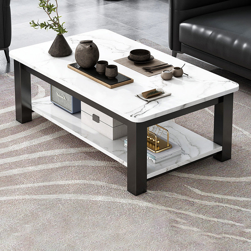 Rectangular Glass 4 Legs Coffee Cocktail Table with Storage Shelf Wood White Clearhalo 'Coffee & Accent Tables' 'Coffee Tables' 'coffee_tables' 'furn' 'furn_coffee_tables' 'Furniture' 'Living Room Furniture' 6376550
