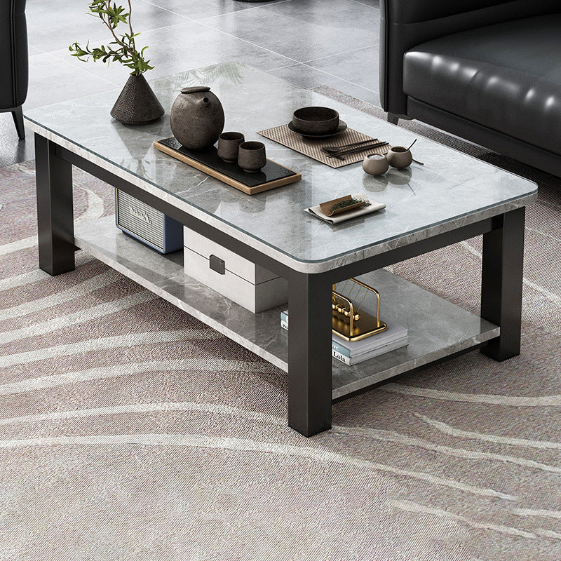 Rectangular Glass 4 Legs Coffee Cocktail Table with Storage Shelf Glass Gray Clearhalo 'Coffee & Accent Tables' 'Coffee Tables' 'coffee_tables' 'furn' 'furn_coffee_tables' 'Furniture' 'Living Room Furniture' 6376553