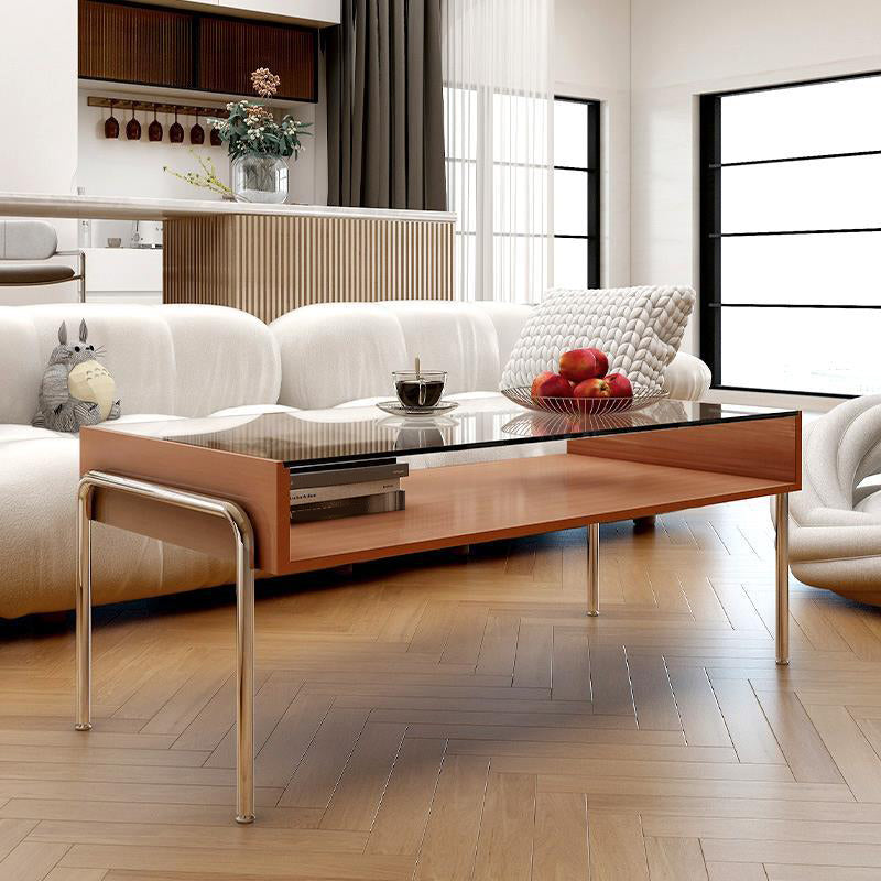 Contemporary Glass Top Coffee Table in Rectangle with 1 Shelf and 4 Legs