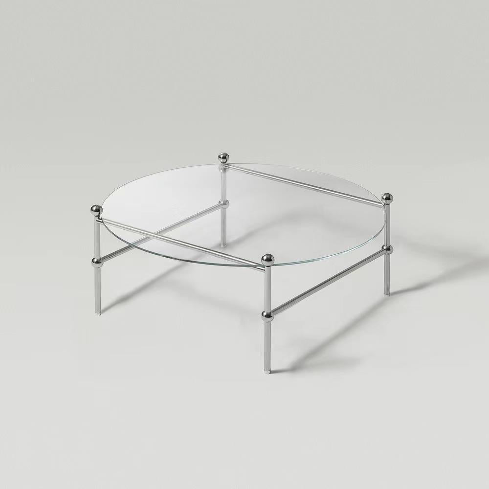 Contemporary Round Coffee Table with Glass Top and Steel Legs in Clear 24"L x 24"W x 17"H Clearhalo 'Coffee & Accent Tables' 'Coffee Tables' 'coffee_tables' 'furn' 'furn_coffee_tables' 'Furniture' 'Living Room Furniture' 6376725