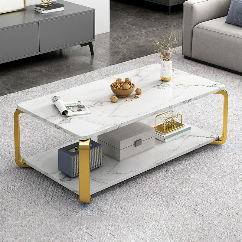 Modern Wooden Rectangular Top Coffee Table Steel 4 Legs Cocktail Table with Shelf