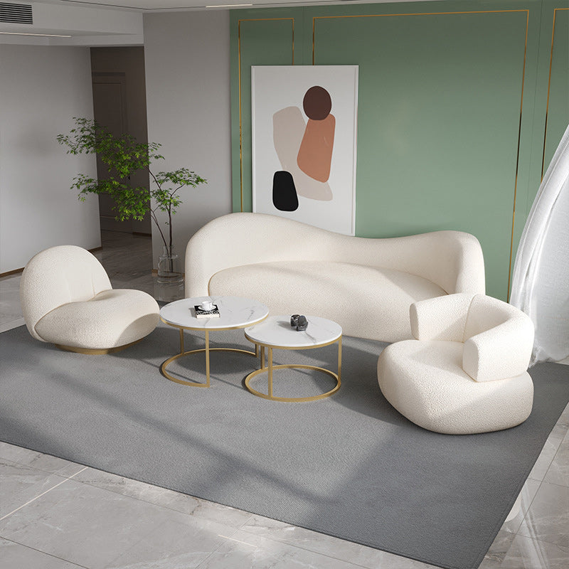 Sofá curvado de tela de tela de tela trasera ajustada blanca y contemporánea