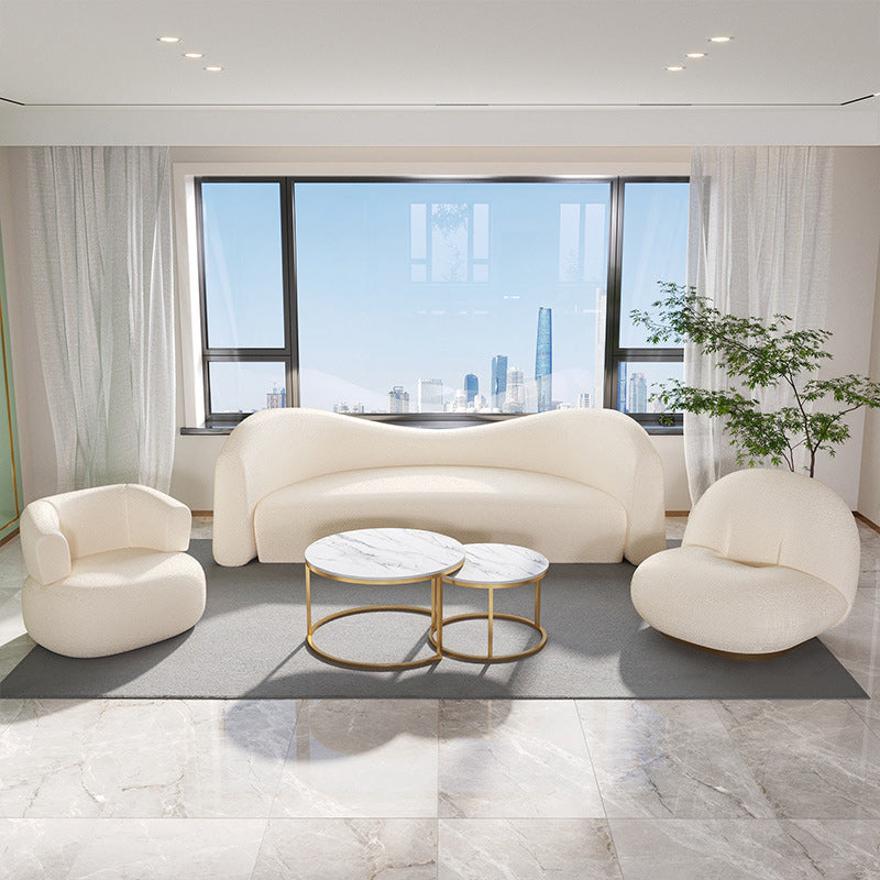 Sofá curvado de tela de tela de tela trasera ajustada blanca y contemporánea