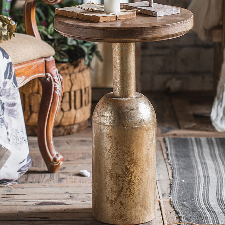 フランスのカントリーウッドラウンドトップサイドテーブル鉄台座エンドテーブル