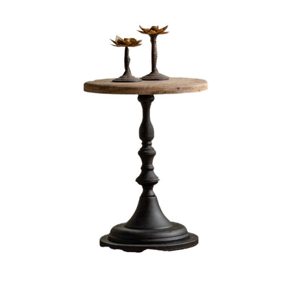 木製の丸いトップサイドテーブル苦しんでいる鉄の台座エンドテーブル