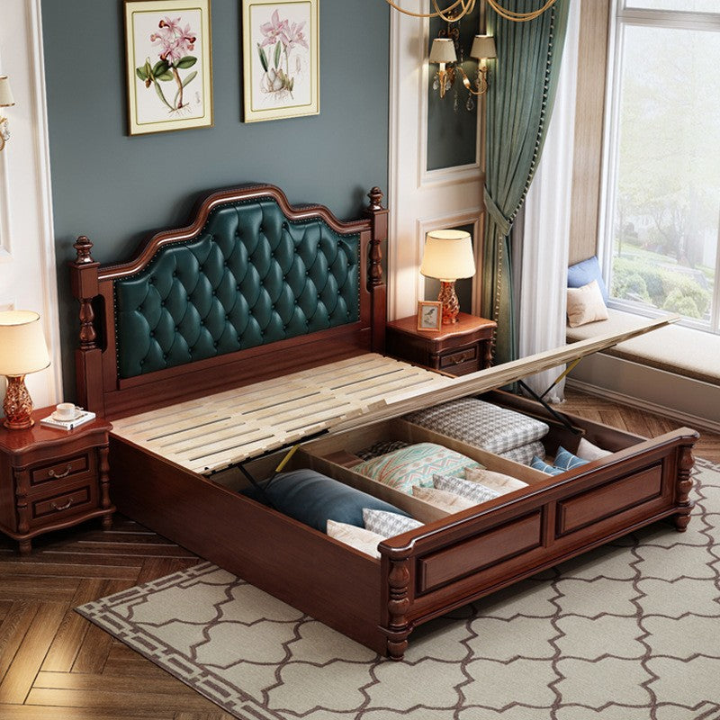 Victorian Espresso Standard Bed Solid Wood Bed Frame with Upholstered Headboard