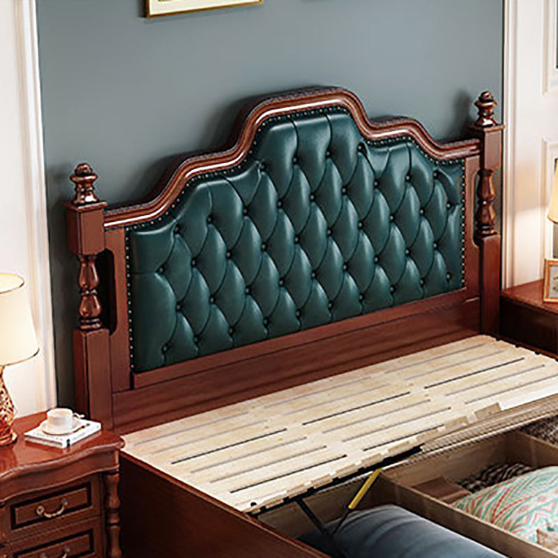 Victorian Espresso Standard Bed Solid Wood Bed Frame with Upholstered Headboard