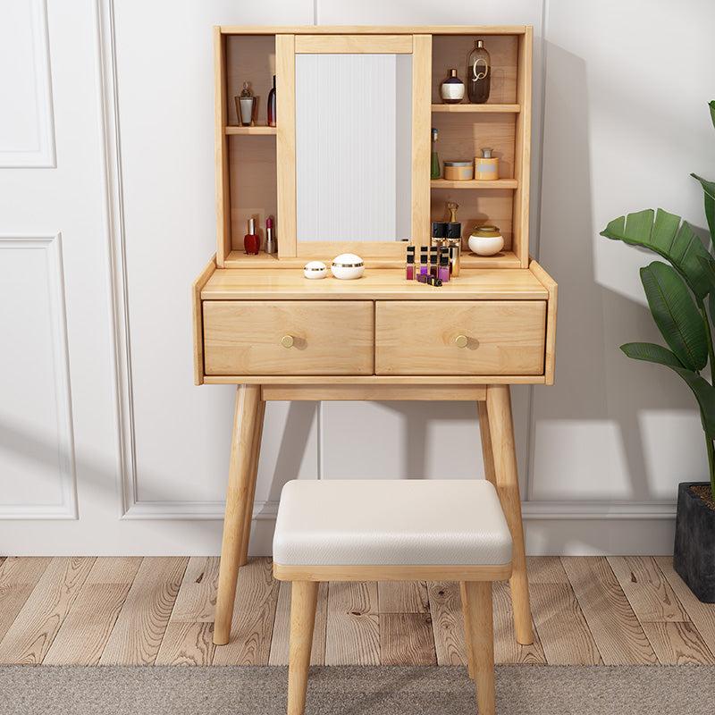 Scandinavian Dressing Table with Mirror and 2-Drawers Solid Wood Makeup Vanity & Stools Natural Clearhalo 'Bedroom Furniture' 'furn' 'furn_makeup_vanities' 'Furniture' 'Makeup Vanities' 'makeup_vanities' 6378230