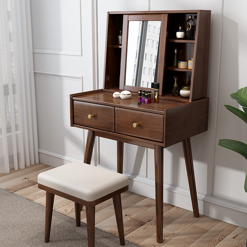 Scandinavian Dressing Table with Mirror and 2-Drawers Solid Wood Makeup Vanity & Stools Walnut Clearhalo 'Bedroom Furniture' 'furn' 'furn_makeup_vanities' 'Furniture' 'Makeup Vanities' 'makeup_vanities' 6378231