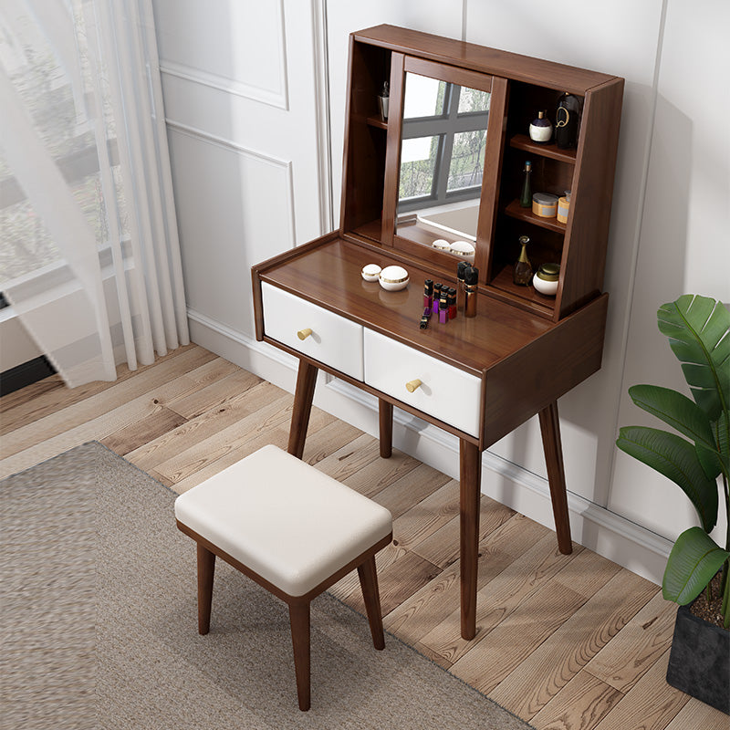 Scandinavian Dressing Table with Mirror and 2-Drawers Solid Wood Makeup Vanity & Stools Walnut White Clearhalo 'Bedroom Furniture' 'furn' 'furn_makeup_vanities' 'Furniture' 'Makeup Vanities' 'makeup_vanities' 6378232