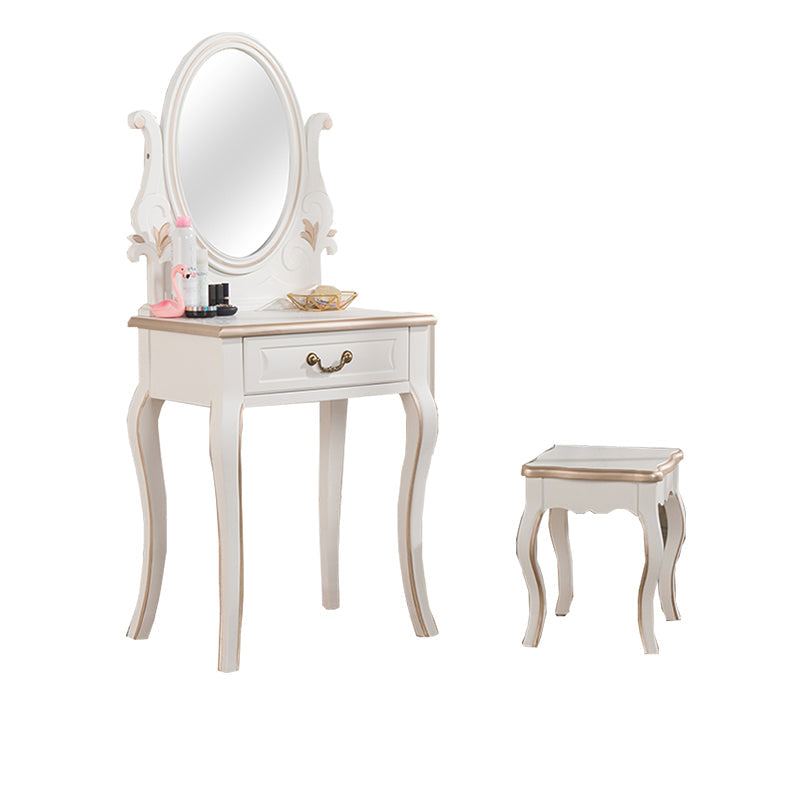 Vanity di trucco vittoriano con cassetto e specchio, tavolo da toeletta in legno massiccio