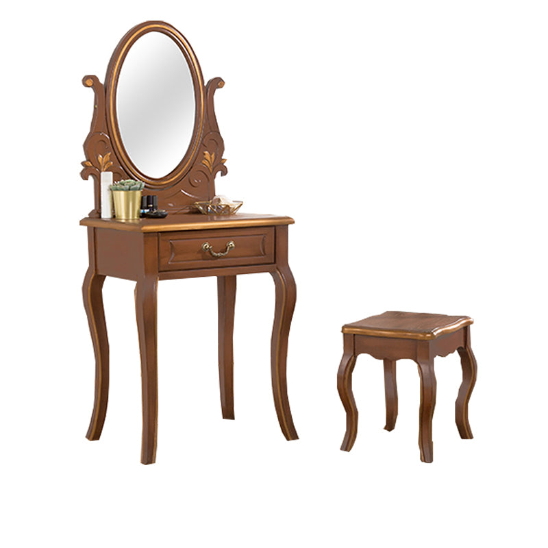 Vanity di trucco vittoriano con cassetto e specchio, tavolo da toeletta in legno massiccio