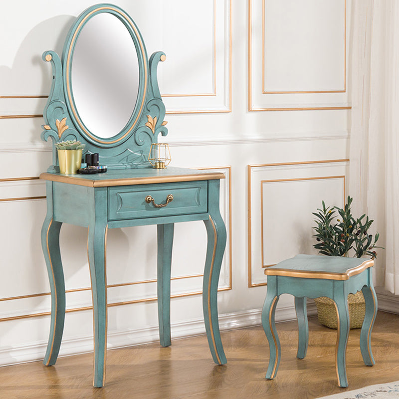 Vanity di trucco vittoriano con cassetto e specchio, tavolo da toeletta in legno massiccio