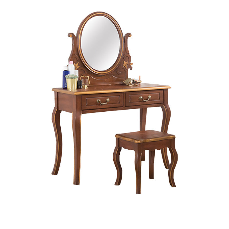 Vanity di trucco vittoriano con cassetto e specchio, tavolo da toeletta in legno massiccio