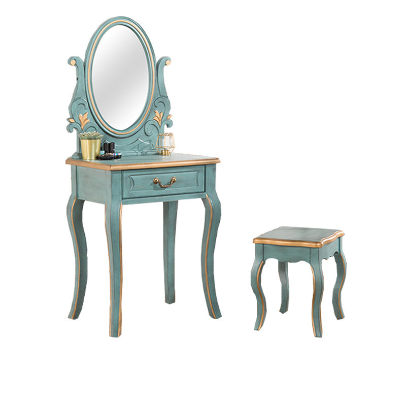 Vanity di trucco vittoriano con cassetto e specchio, tavolo da toeletta in legno massiccio