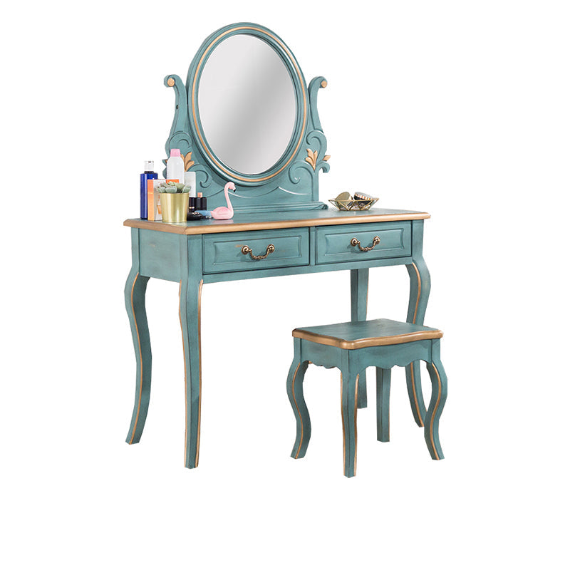 Vanity di trucco vittoriano con cassetto e specchio, tavolo da toeletta in legno massiccio