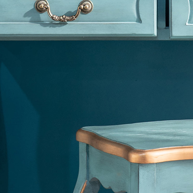 Vanity di trucco vittoriano con cassetto e specchio, tavolo da toeletta in legno massiccio