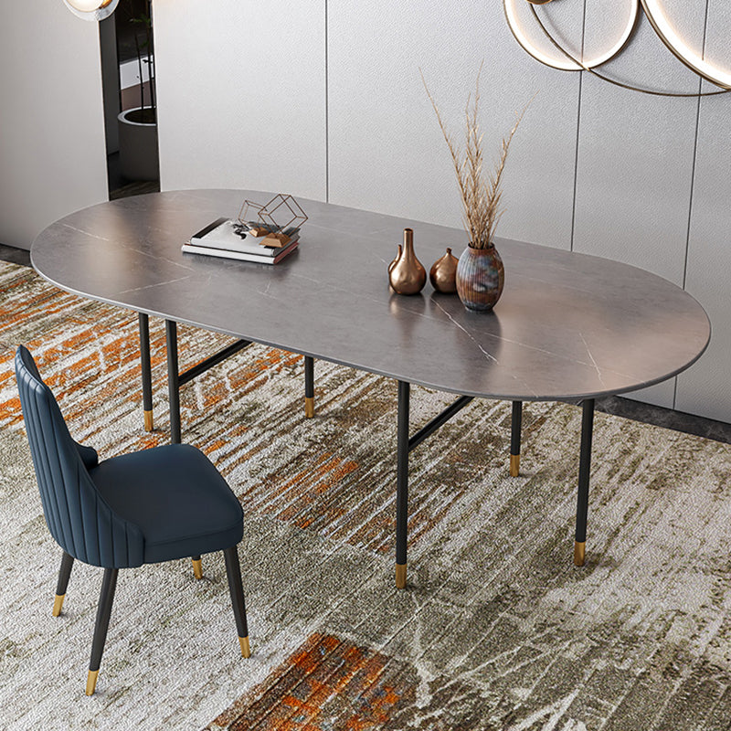 Contemporary Oval Dining Table Stone Dining Table with Iron Base Gray 55.1"L x 31.5"W x 29.5"H Without Chairs Clearhalo 'Dining Tables & Seating' 'Dining Tables' 'dining_table' 'furn' 'furn_dining_table' 'Furniture' 'Kitchen & Dining Furniture' 6378867