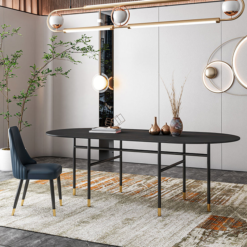 Contemporary Oval Dining Table Stone Dining Table with Iron Base Black 63"L x 31.5"W x 29.5"H Without Chairs Clearhalo 'Dining Tables & Seating' 'Dining Tables' 'dining_table' 'furn' 'furn_dining_table' 'Furniture' 'Kitchen & Dining Furniture' 6378869