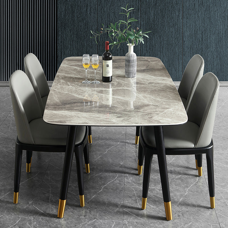 Mesa de comedor rectangular moderna de mediados de siglo con tapa de piedra y patas de madera maciza