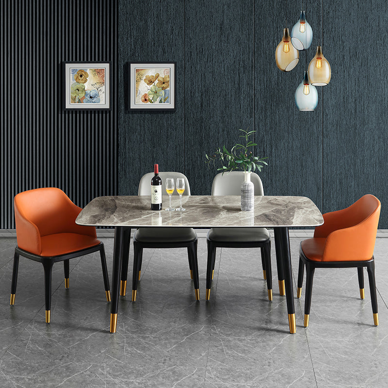 Mesa de comedor rectangular moderna de mediados de siglo con tapa de piedra y patas de madera maciza