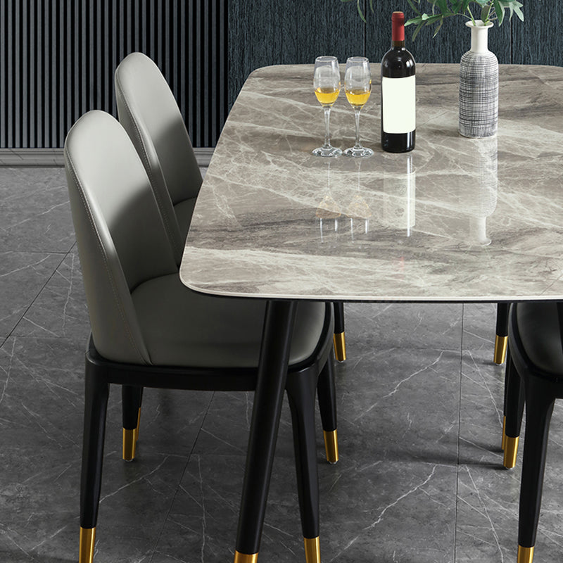 Mesa de comedor rectangular moderna de mediados de siglo con tapa de piedra y patas de madera maciza