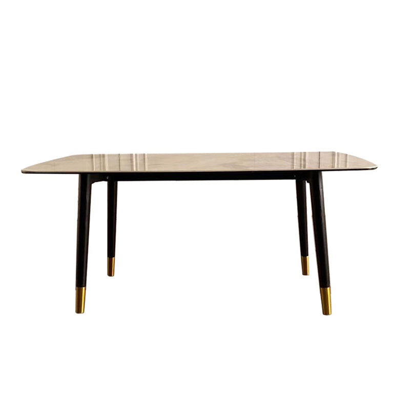 Mesa de comedor rectangular moderna de mediados de siglo con tapa de piedra y patas de madera maciza