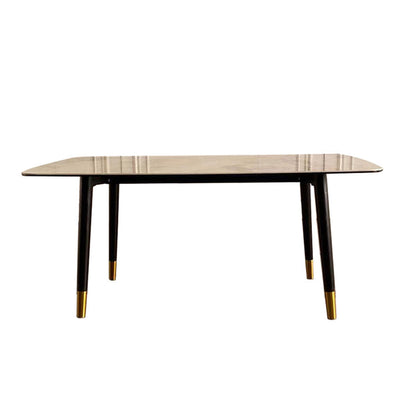 Mesa de comedor rectangular moderna de mediados de siglo con tapa de piedra y patas de madera maciza