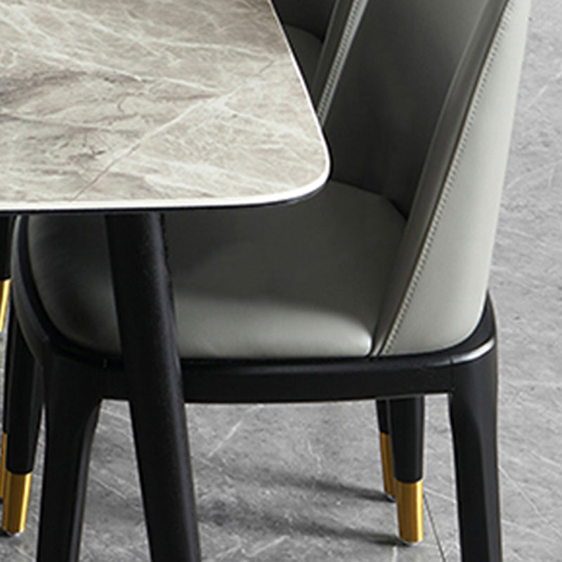 Mesa de comedor rectangular moderna de mediados de siglo con tapa de piedra y patas de madera maciza