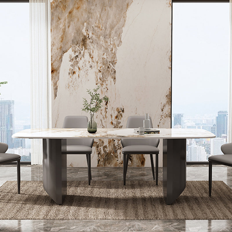 Modern Rectangle Stone Top Dining Table Double Pedestal Dining Table 55.1"L x 31.5"W x 29.5"H Without Chairs Clearhalo 'Dining Tables & Seating' 'Dining Tables' 'dining_table' 'furn' 'furn_dining_table' 'Furniture' 'Kitchen & Dining Furniture' 6379098
