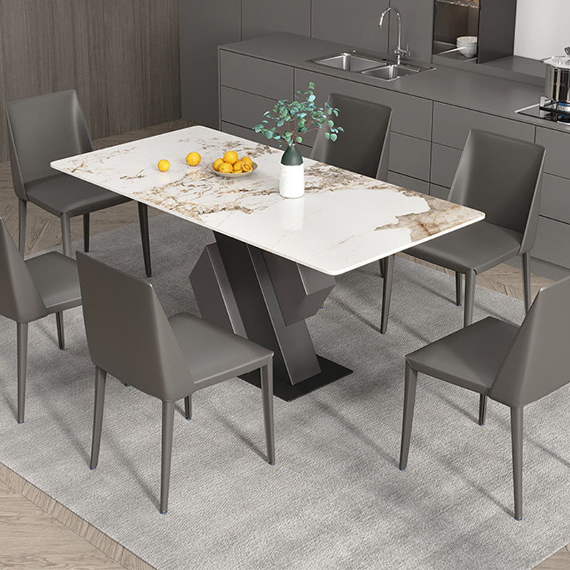 Mesa de comedor industrial de piedra sinterizada Mesa rectangular con base de pedestal de metal