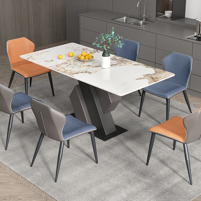 Mesa de comedor industrial de piedra sinterizada Mesa rectangular con base de pedestal de metal