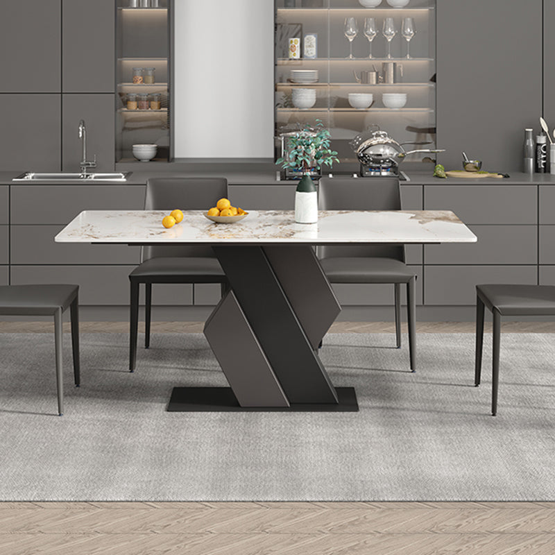 Mesa de comedor industrial de piedra sinterizada Mesa rectangular con base de pedestal de metal
