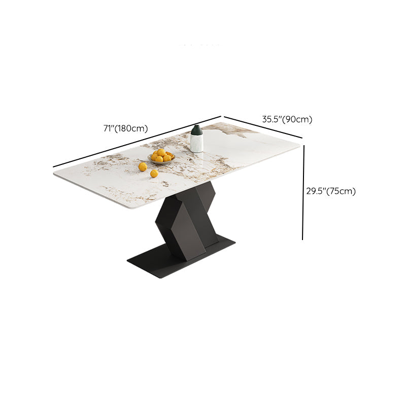 Mesa de comedor industrial de piedra sinterizada Mesa rectangular con base de pedestal de metal