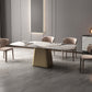Industrial Sintered Stone Dining Table Rectangle Table with Metal Base Gold 63"L x 31.5"W x 29.5"H Without Chairs Clearhalo 'Dining Tables & Seating' 'Dining Tables' 'dining_table' 'furn' 'furn_dining_table' 'Furniture' 'Kitchen & Dining Furniture' 6379462