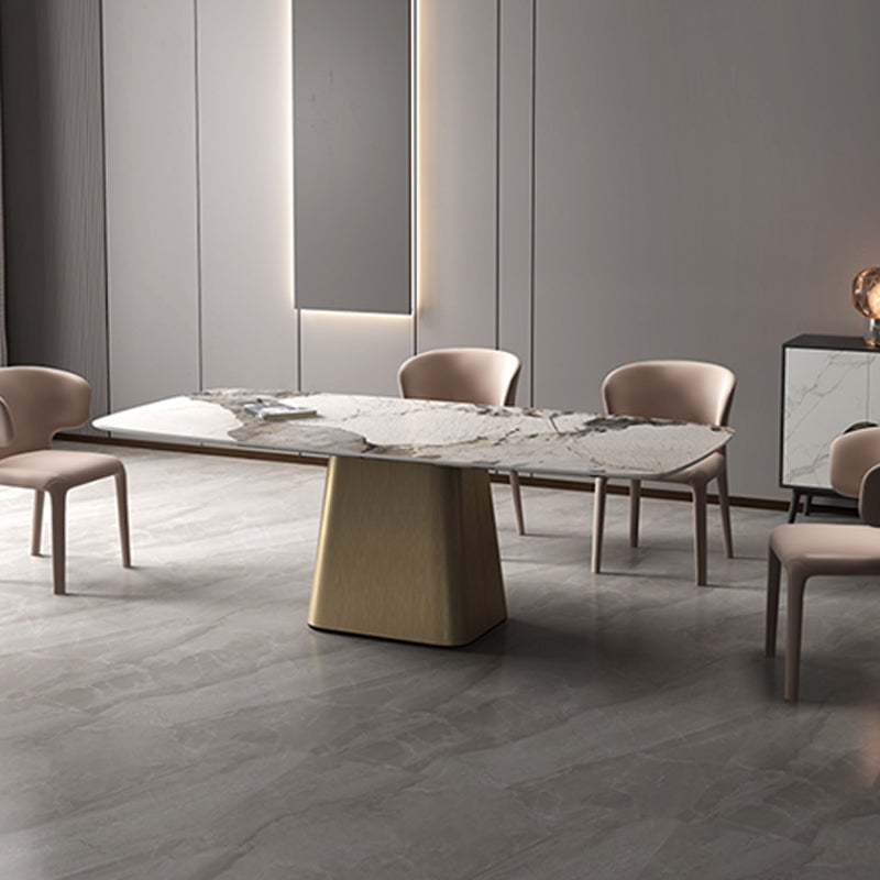 Industrial Sintered Stone Dining Table Rectangle Table with Metal Base Gold 63"L x 31.5"W x 29.5"H Without Chairs Clearhalo 'Dining Tables & Seating' 'Dining Tables' 'dining_table' 'furn' 'furn_dining_table' 'Furniture' 'Kitchen & Dining Furniture' 6379462